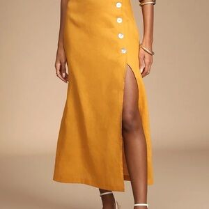 Lulu's Caught in Cannes Mustard High-Waisted Side Button Midi Skirt